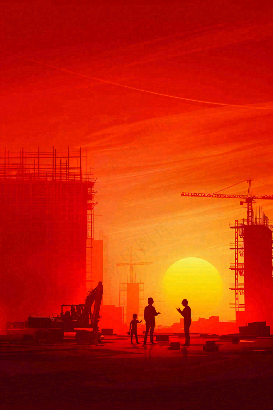 红色工地指挥工人职业人物剪影劳动节插画背景