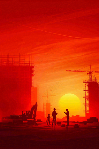 红色工地指挥工人职业人物剪影劳动节插画背景