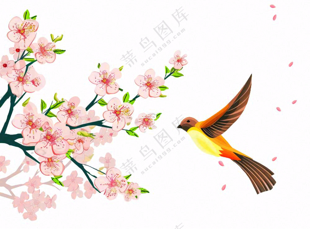 春天桃花树上小鸟喜鹊插画免抠