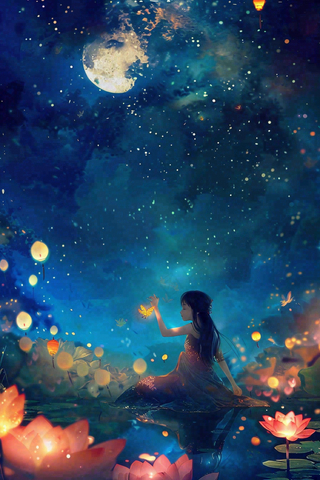 夜晚点灯孔明灯祈福中元节寒衣节插画背景