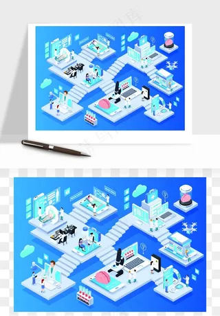 立体2.5D公司人物办公场景矢量png免抠