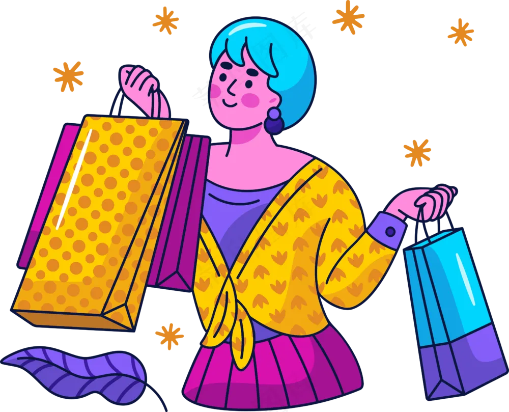 女生疯狂购物 美式多巴胺插画 免抠透明底