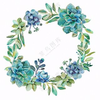 多肉花环水彩插画免抠