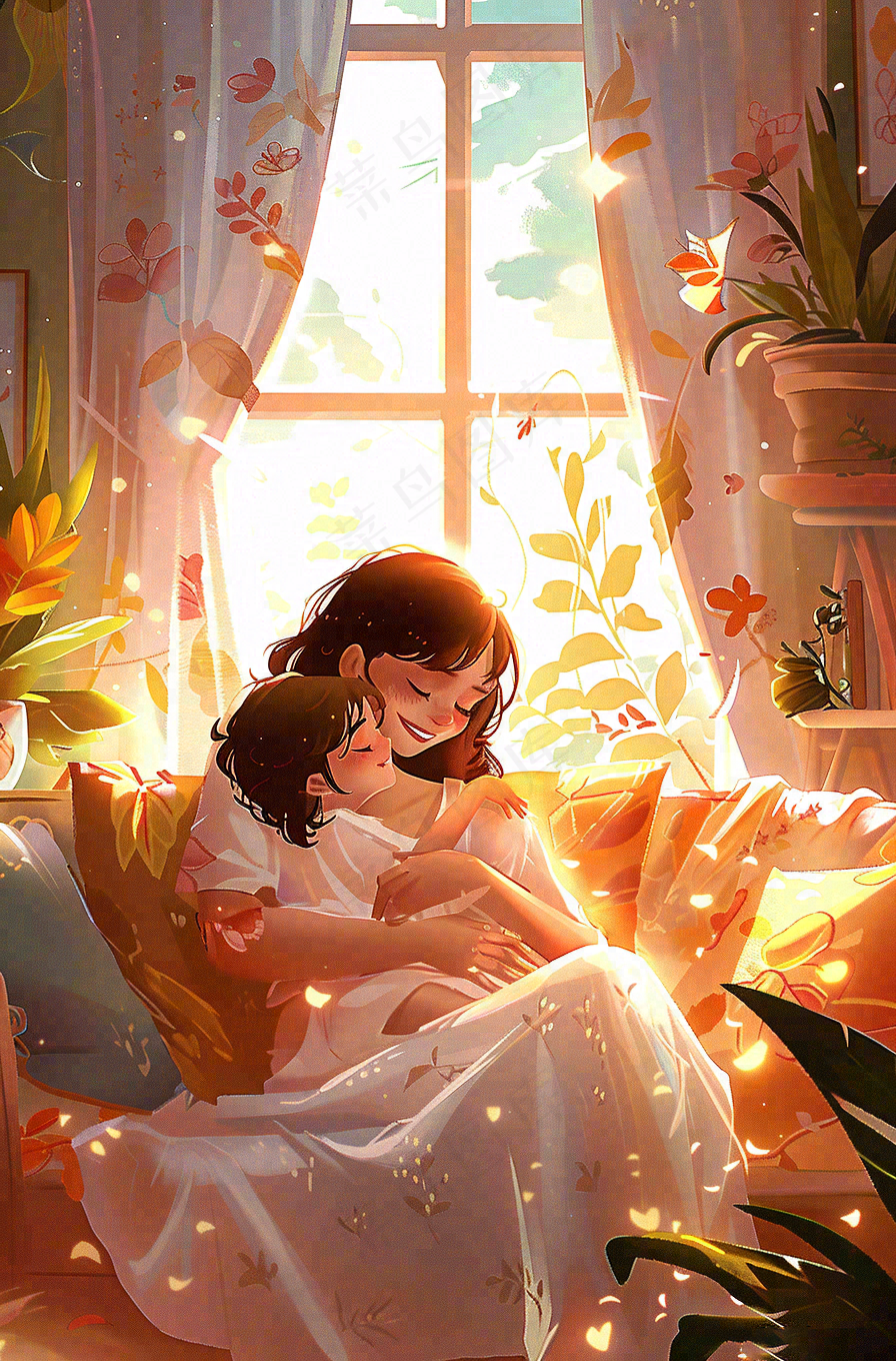 母亲节妈妈亲情抱着孩子鲜花光辉插画背景