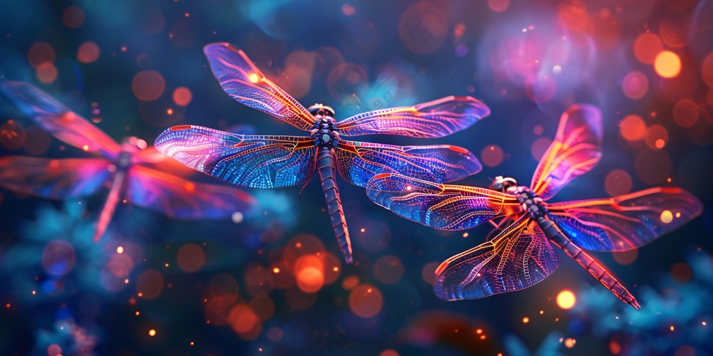 三只飞翔的彩色蜻蜓