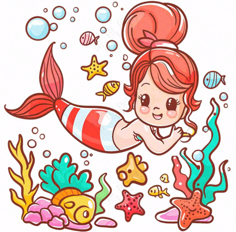 海洋美人鱼珊瑚鱼童话卡通插画免抠