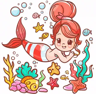 海洋美人鱼珊瑚鱼童话卡通插画免抠