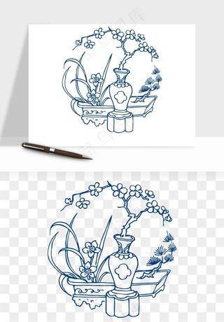 青花瓷花纹花卉图案png免抠