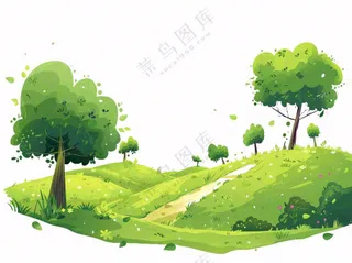 草原青草树木卡通插画免抠