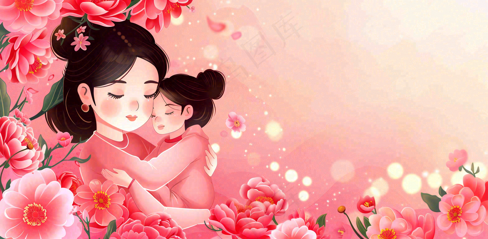 母亲节妈妈亲情抱着孩子鲜花光辉插画背景