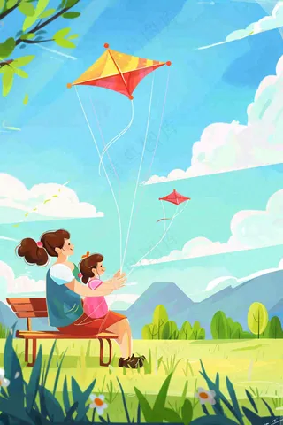 母亲节妈妈陪伴着孩子外出插画背景