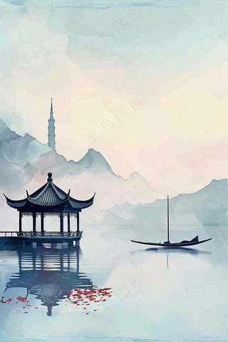 中国风山水凉亭霜降插画背景