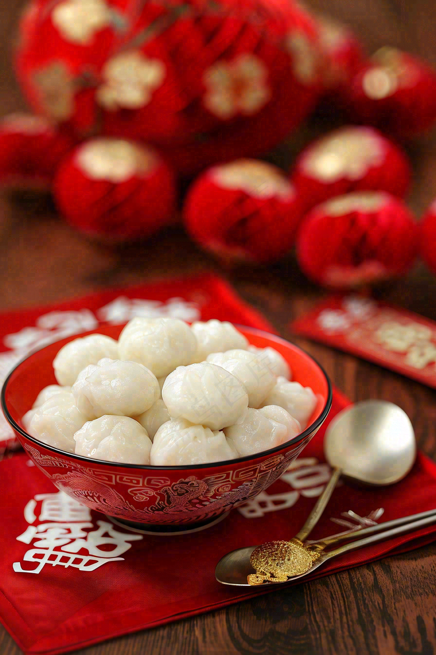 红色节日喜庆背景传统美食汤圆元宵节摄影图