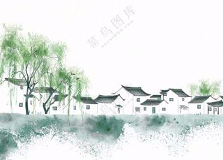 江南水乡水墨画村落柳树插画免抠