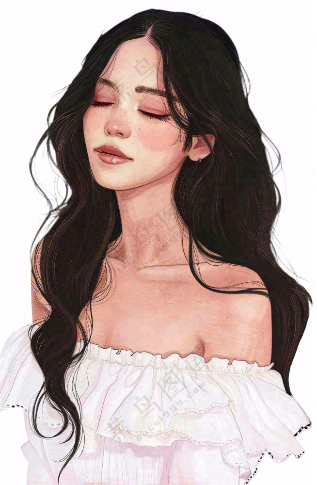 白色衣服的长头发少女美丽人物卡通插画免抠