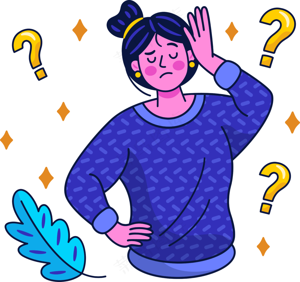 困惑疑问情绪女生 美式多巴胺插画 免抠透明底