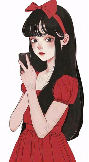 红色裙子的少女美丽卡通插画免抠
