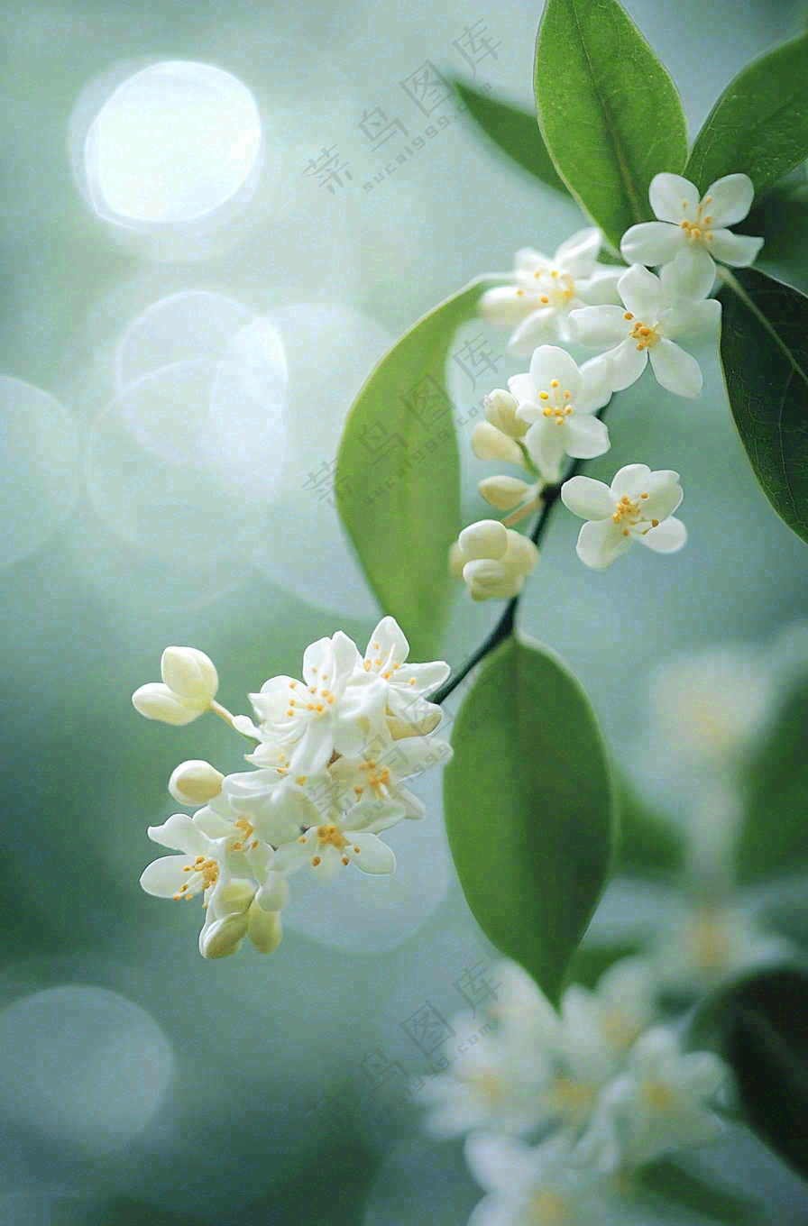 树枝上的小白花花朵植物摄影图