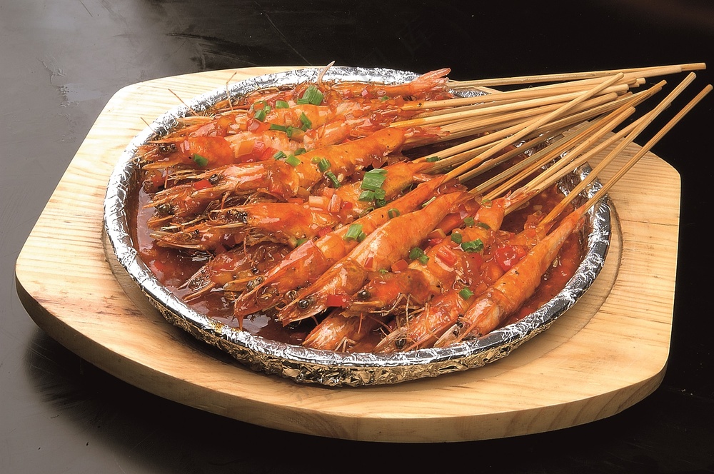 铁板黑椒串烤虾