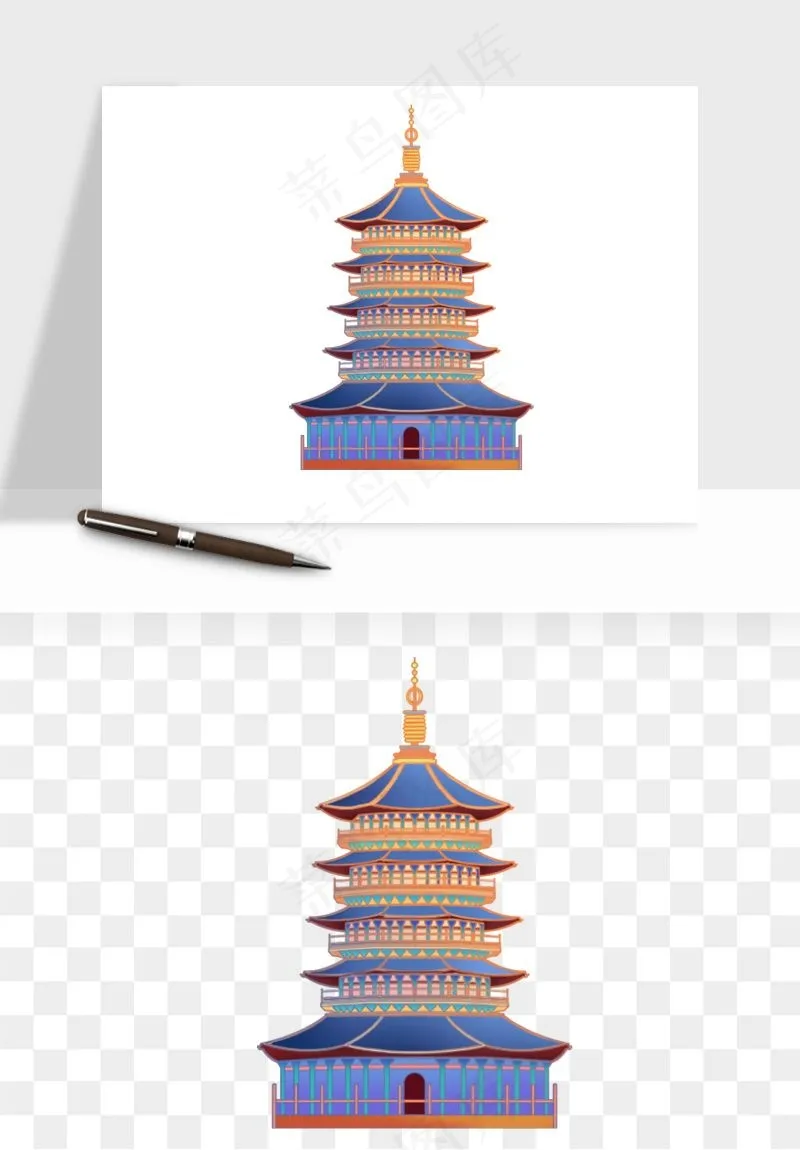 国潮高塔古塔楼建筑png免抠