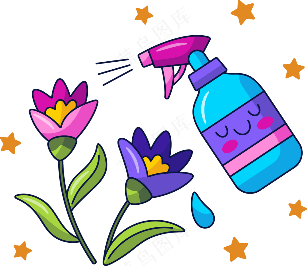 给花喷水 浇花 美式多巴胺插画 免抠透明底