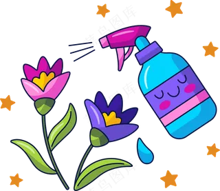 给花喷水 浇花 美式多巴胺插画 免抠透明底