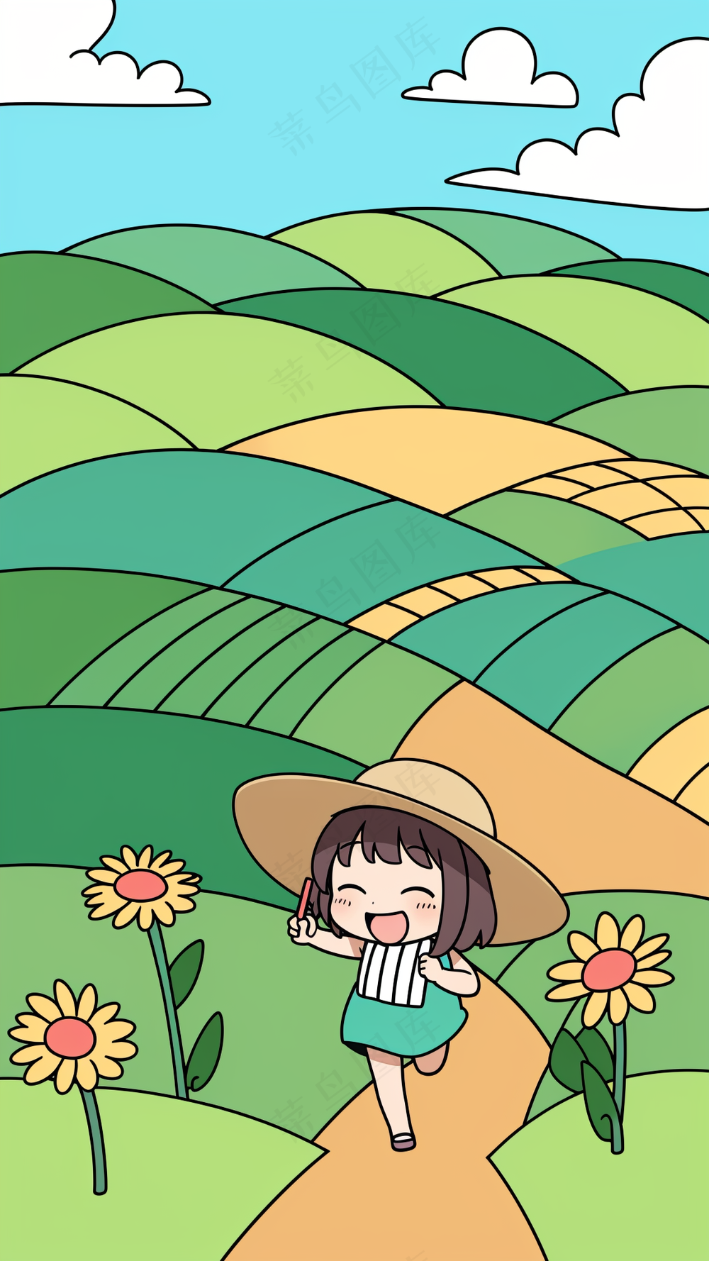 小女孩奔跑在田野中2 儿童简笔画