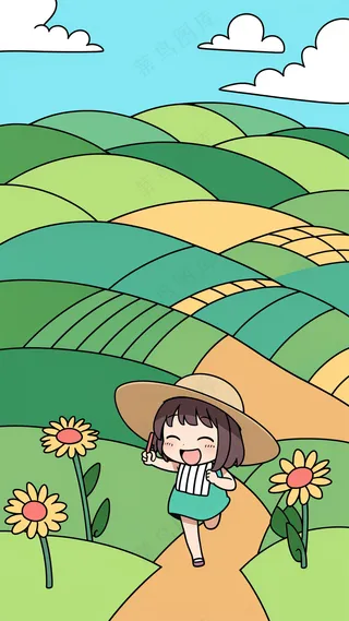 小女孩奔跑在田野中2 儿童简笔画