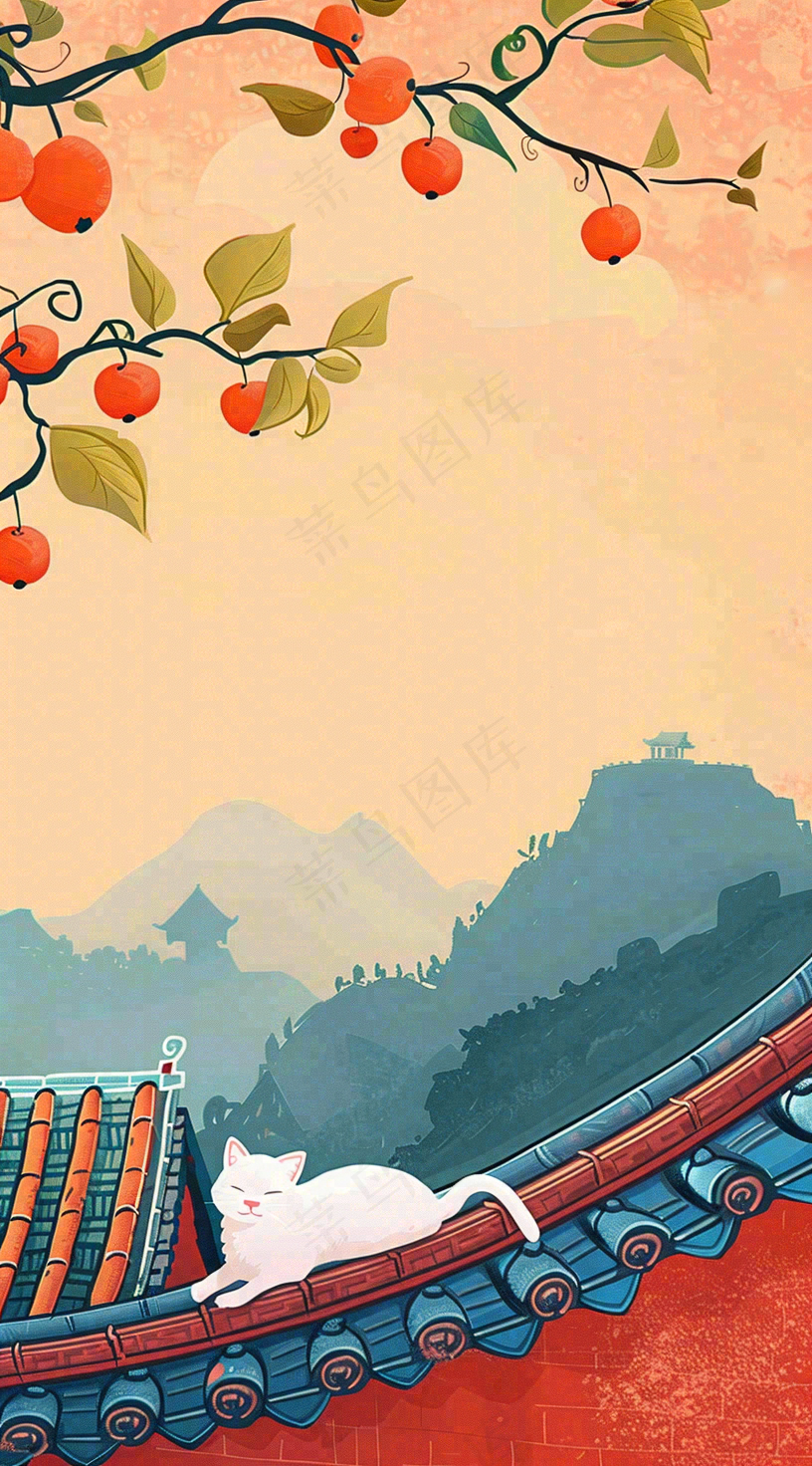 秋天红色宫墙上的白猫柿子树国风插画立秋秋分背景