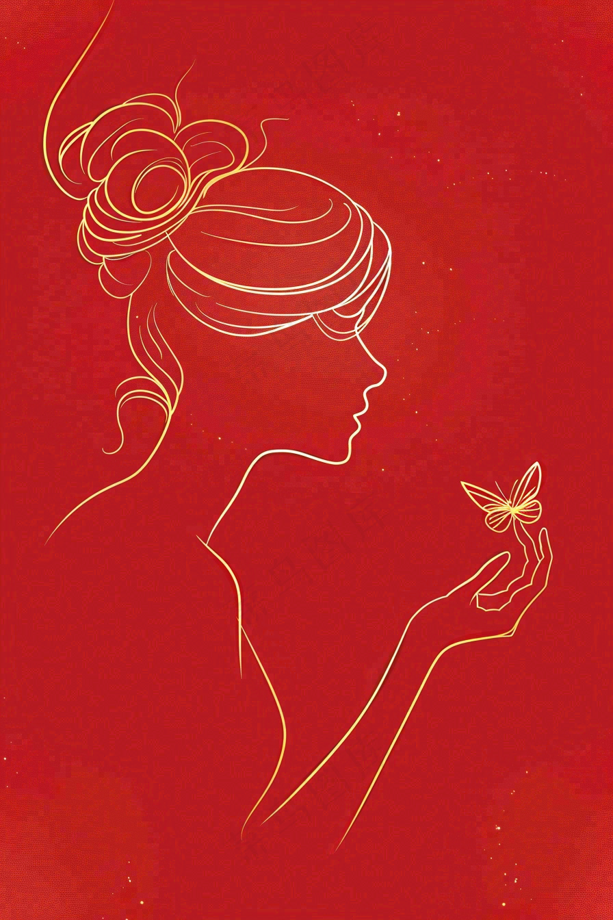 红色金线剪影女生节妇女节唯美插画背景