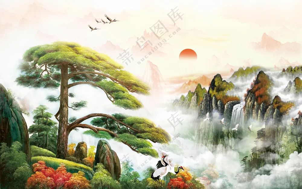 迎客松山水画图片