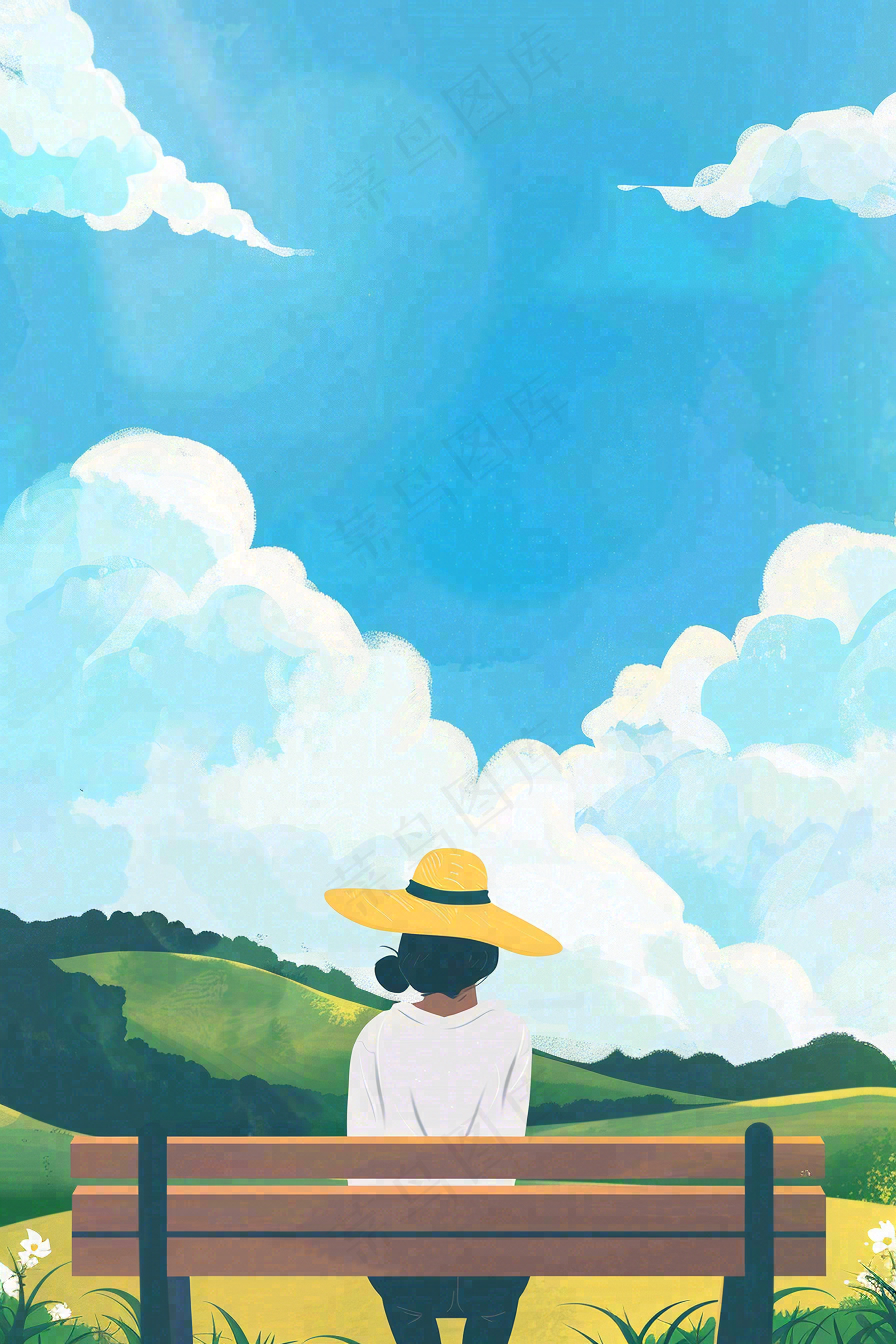 夏天大自然公园椅子上的人物处暑卡通插画背景