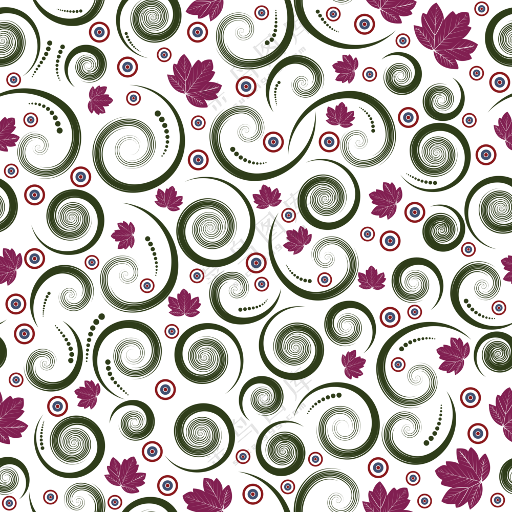 紫色树叶与螺旋线无缝图案免抠素材