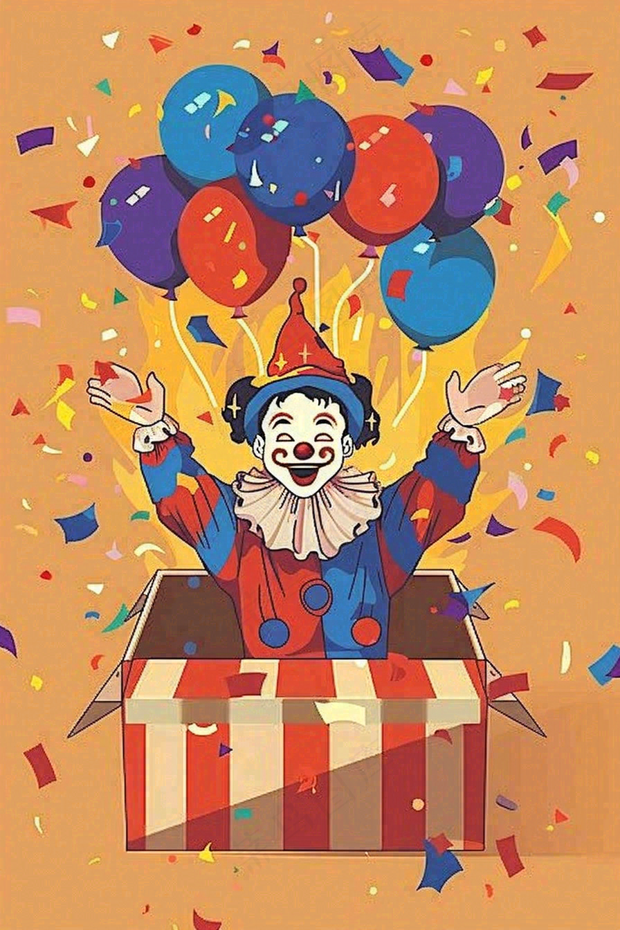 小丑搞怪愚人节游乐园礼盒彩带气球庆祝卡通插画背景