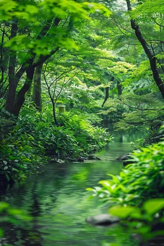 春夏森林小溪流绿意盎然植物立夏大暑处暑摄影图