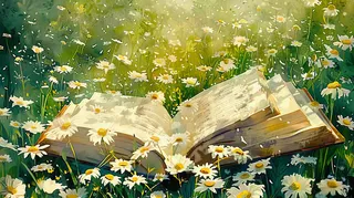 春天草丛花丛里的书本阅读插画世界读书日背景