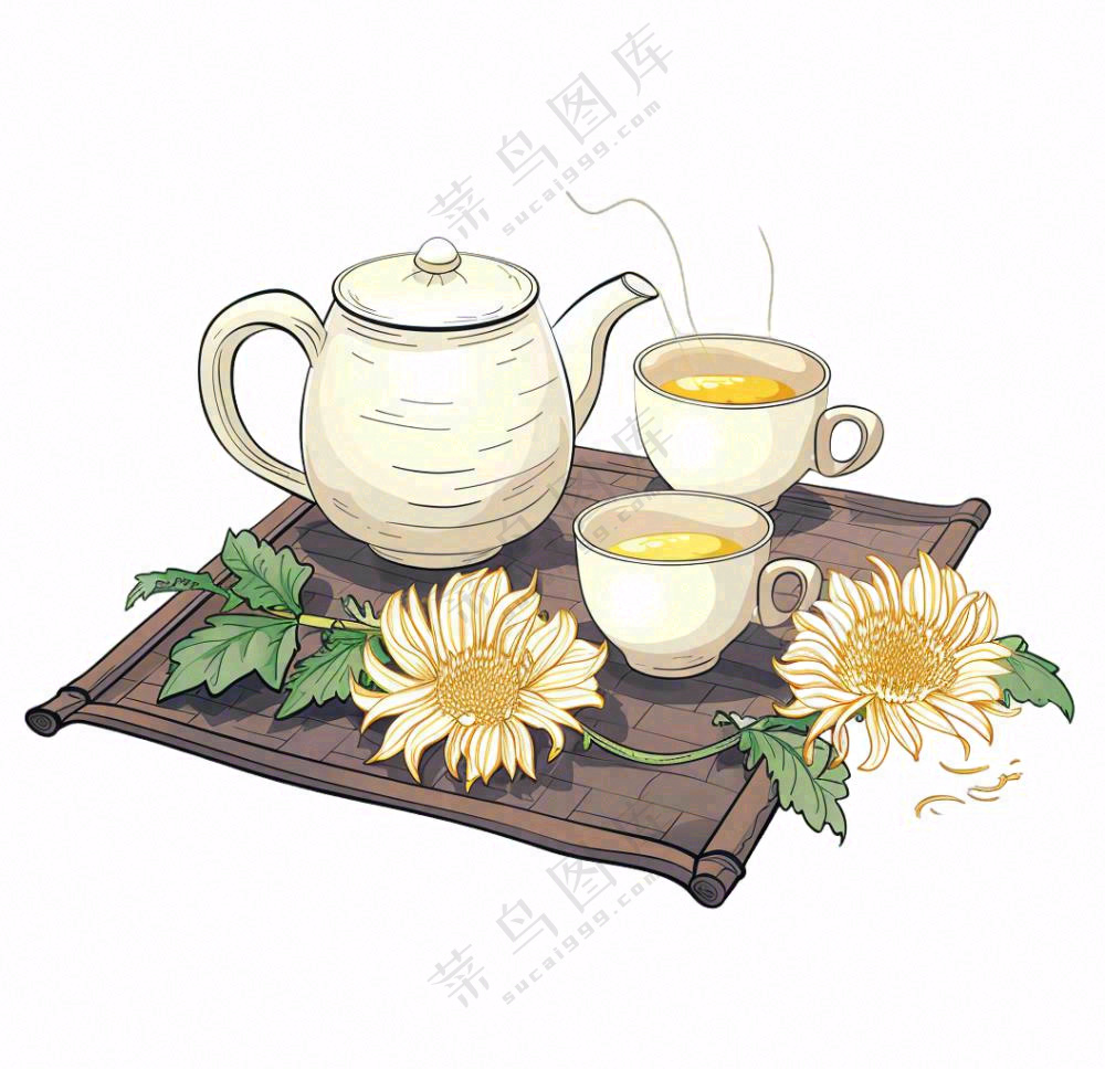 菊花茶茶壶喝茶插画免抠