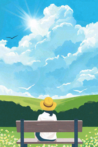 夏天大自然公园椅子上的人物处暑卡通插画背景