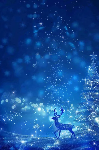 夜晚蓝色星空月亮麋鹿圣诞树平安夜圣诞节梦幻插画背景
