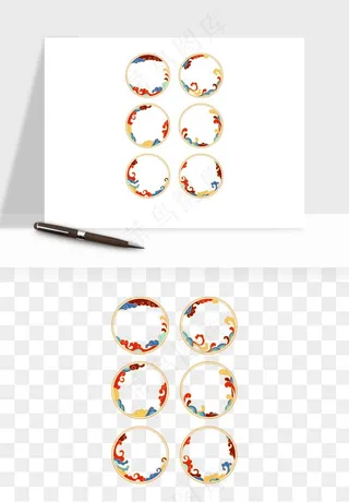 国潮风祥云浪花圆形矩形边框png免抠