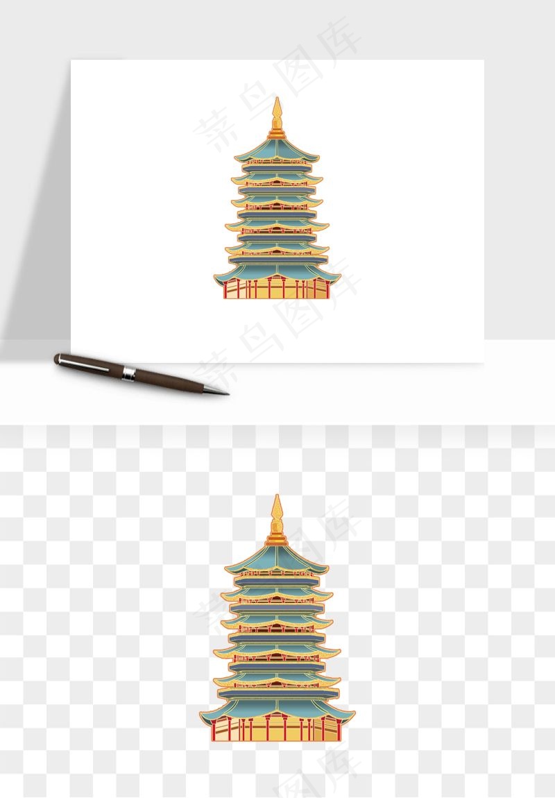 国潮风古建筑古楼古塔鼓楼psd,png免抠图(1500x1500)psd模版下载