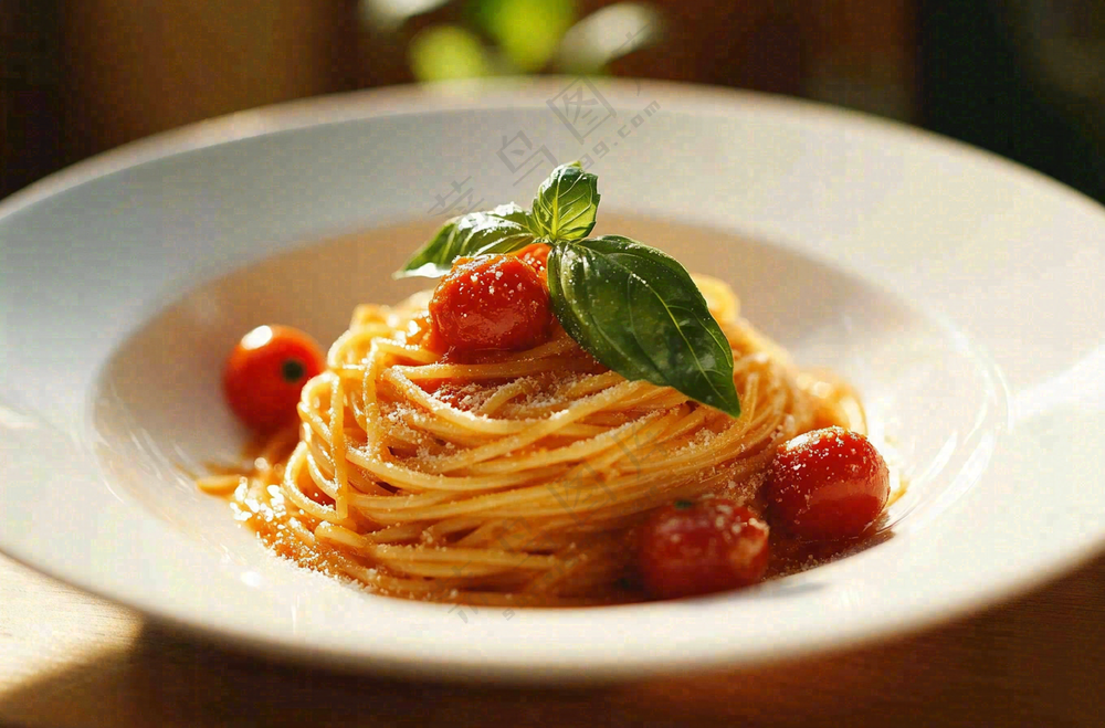 美味的意大利面番茄奶油意面罗勒叶美食摄影图