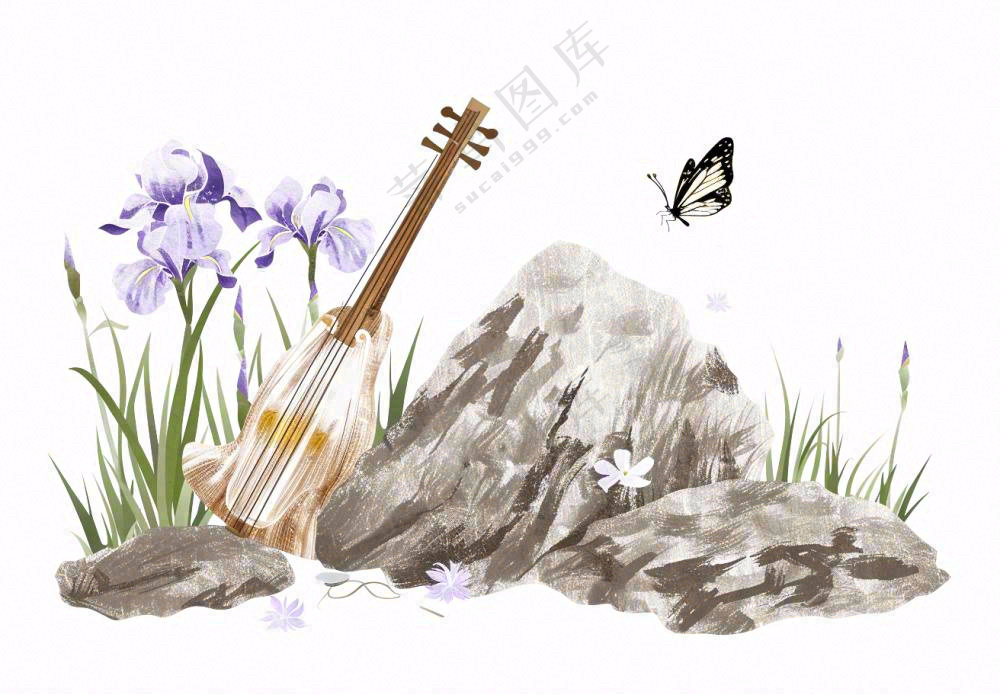 水渠石头旁紫色兰花生长蝴蝶水墨画插画免抠