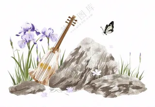 水渠石头旁紫色兰花生长蝴蝶水墨画插画免抠