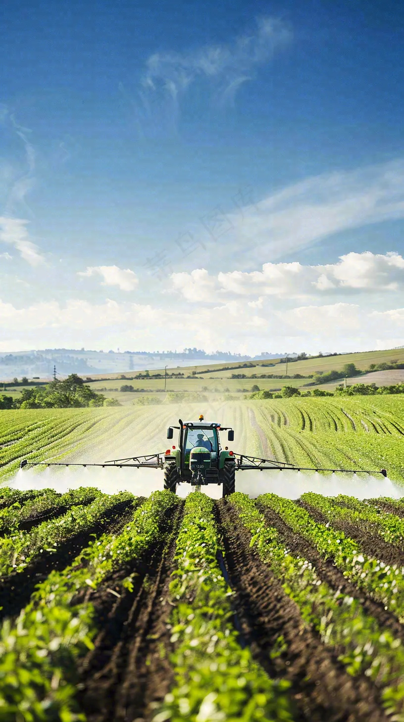 农田庄稼里耕种的机器农忙劳动节摄影图
