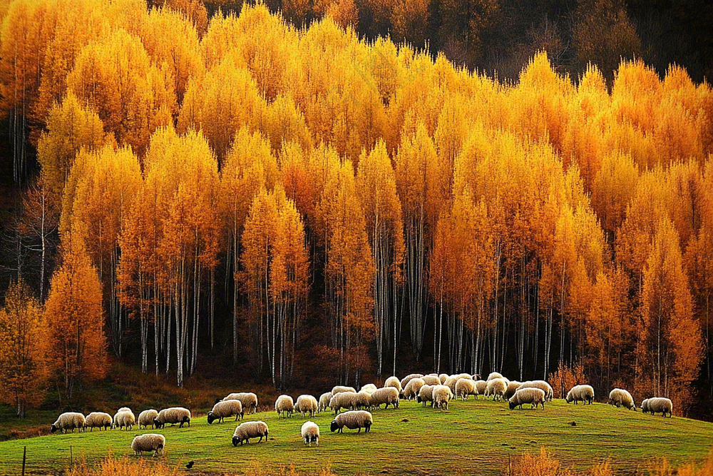 秋天风景黄色的树木森林羊群大自然风光摄影图