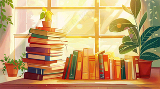 世界读书日窗前书桌书本绿植卡通插画背景