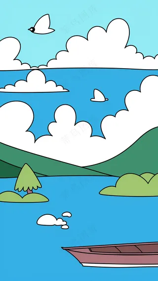 湖泊游船山川风景画 儿童简笔画
