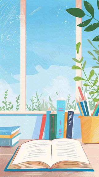 世界读书日窗前书桌书本绿植小清新卡通插画背景