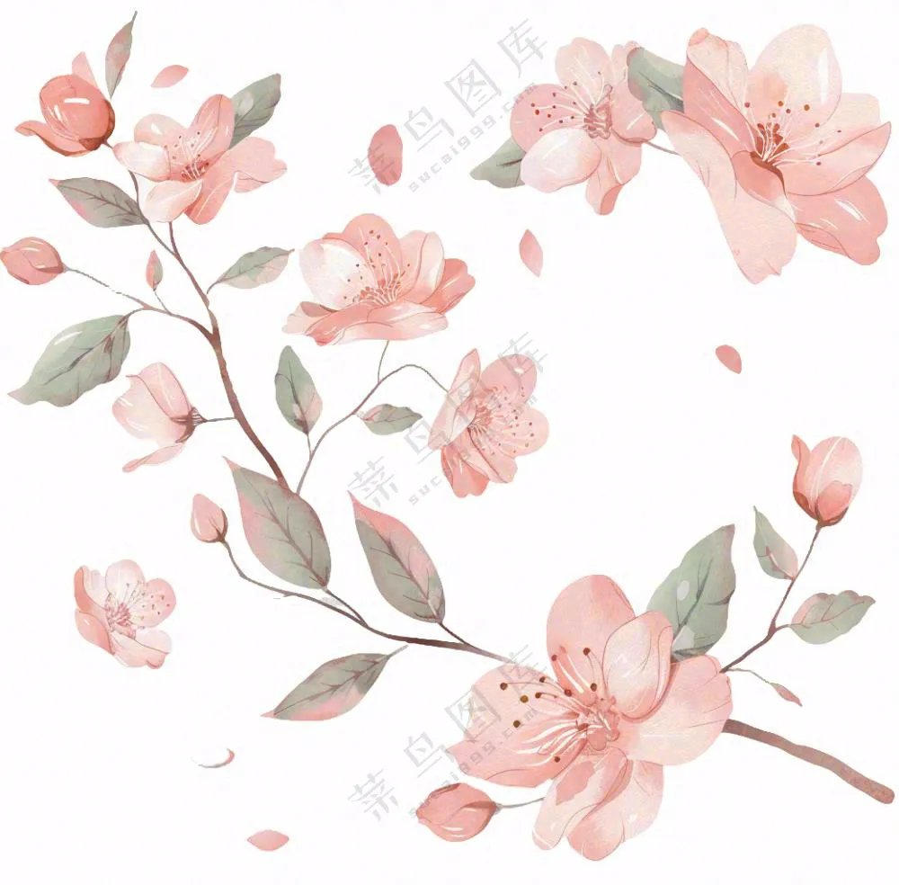 春天粉色花朵树枝插画免抠